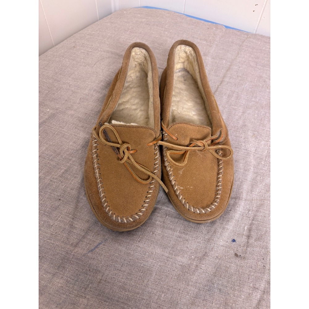 Minnetonka Moccasin Slippers Womens 10 Brown Suede Faux Fur Lined Made in USA